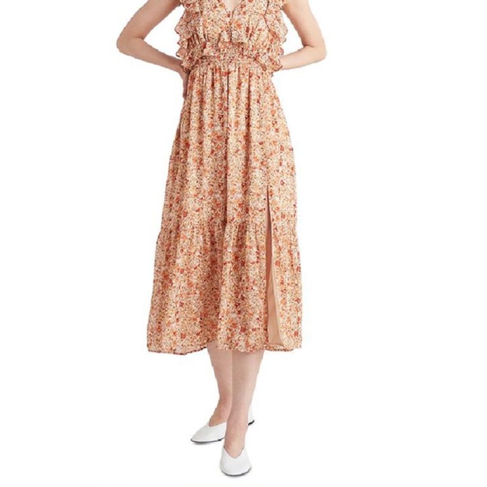 BLACK TAPE Dainty Floral V neck Sleeveless pink orange Fit and Flare midi dress - Picture 7 of 11